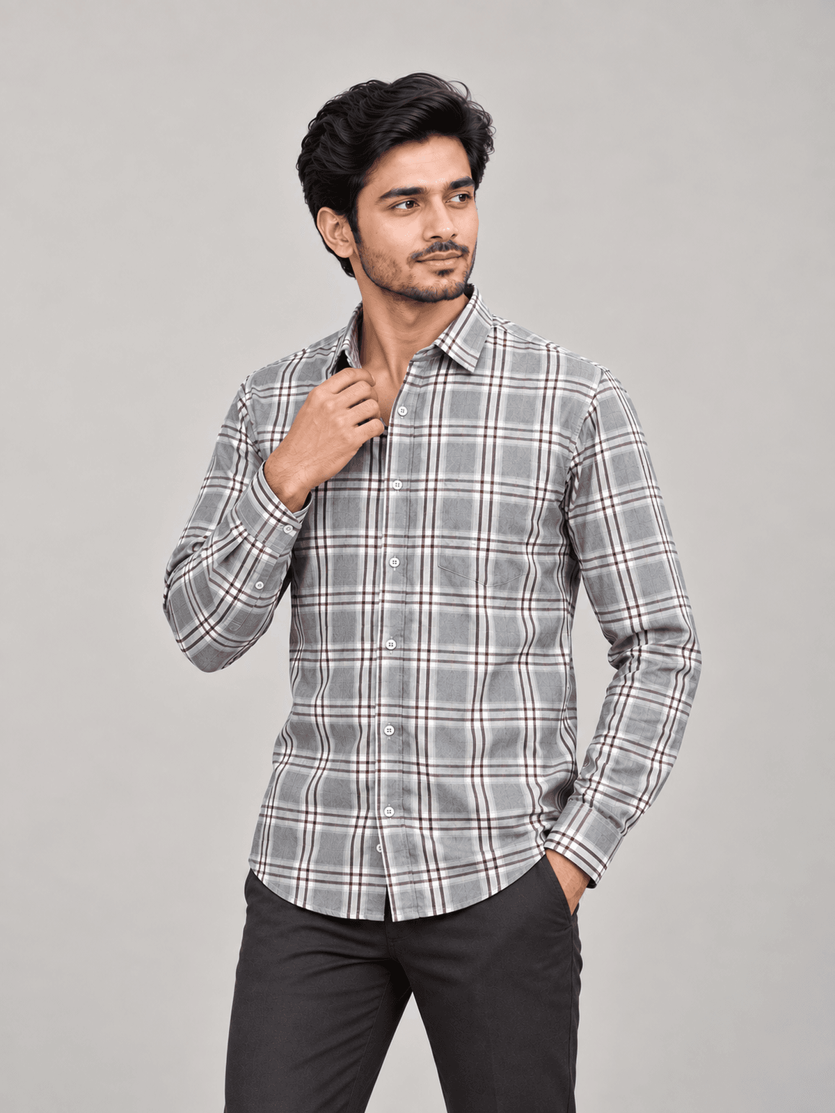 Grey Burgundy Plaid Shirt